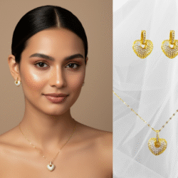 Collar con aretes dorados corazón con cristales. Set imprescindible