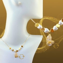 Collar mariposa con corazón giratorio con aretes (en acero inoxidable y perlas)