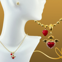 Collar y aretes dorados con corazon Sagrado corazon en acero inoxidable