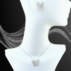 Collar y aretes plateados con mariposas cristal & acero inoxidable