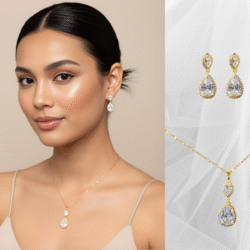 Collar y aretes dorados forma de gotas cristal & acero inoxidable