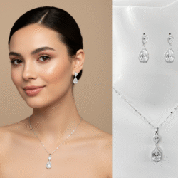 Collar y aretes plateados forma de gotas cristal & acero inoxidable