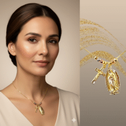 Collar dorado con dijes de la Virgen de Guadaupe y una cruz en acero inoxidable