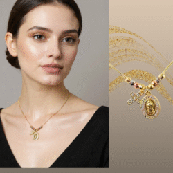 Collar dorado con dijes de la Virgen de Guadaupe y una cruz en acero inoxidable