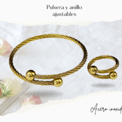 Pulsera y anillo de acero inoxidable ajustables  dorados  Luce pulseras de moda en acero inoxidable, resistentes al uso diario y con diseños que elevan cualquier outfit. Ideales para regalar o para uso diario. Diseños actuales en acero inoxidable para lucir increíble. Moda que resiste tu ritmo. Pulseras minimalistas, modernas y atemporales. Menos cuidado, más estilo. #cristalmania