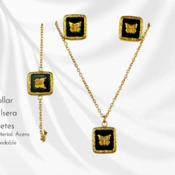 Collar, aretes y pulsera dorados/negro acero inoxidable dije de mariposas 🦋 🥰 Luce collares de moda en acero inoxidable, resistentes al uso diario y con diseños que elevan cualquier outfit. Collares de acero inoxidable de moda, ideales para regalar o consentirte.
