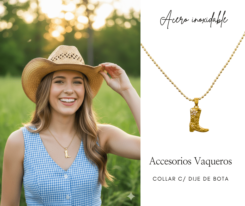 Collar con dije de bota dorada en acero inoxidable accesorios vaqueros Realza tu look con nuestro set de collar y aretes vaqueros. Diseñados para quienes aman el estilo western, elaborados en acero inoxidable para acompañarte todos los días. Ideales para regalar o consentirte. #EstiloVaquero #AccesoriosWestern #ModaVaquera #CollarYAretes #AccesoriosDeAcero #LookWestern #VaqueraConEstilo #HechoParaDestacar #cristalmania