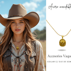 Collar con dije de sombrero dorado en acero inoxidable accesorios vaqueros Realza tu look con nuestro set de collar y aretes vaqueros. Diseñados para quienes aman el estilo western, elaborados en acero inoxidable para acompañarte todos los días. Ideales para regalar o consentirte. #EstiloVaquero #AccesoriosWestern #ModaVaquera #CollarYAretes #AccesoriosDeAcero #LookWestern #VaqueraConEstilo #HechoParaDestacar #cristalmania