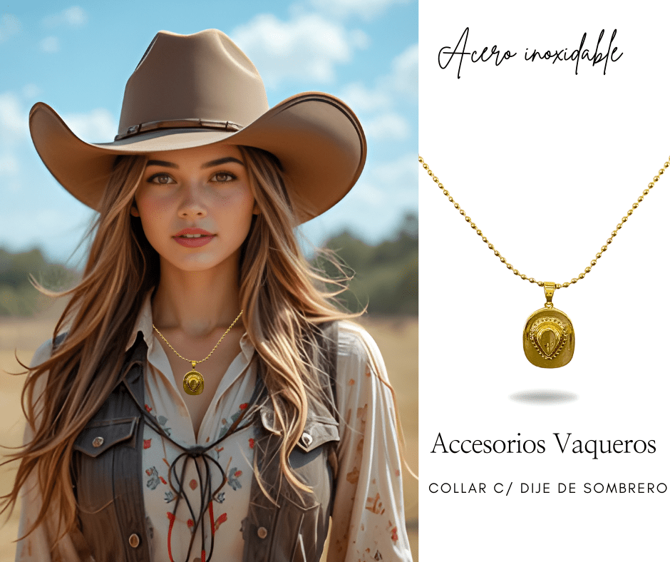 Collar con dije de sombrero dorado en acero inoxidable accesorios vaqueros Realza tu look con nuestro set de collar y aretes vaqueros. Diseñados para quienes aman el estilo western, elaborados en acero inoxidable para acompañarte todos los días. Ideales para regalar o consentirte. #EstiloVaquero #AccesoriosWestern #ModaVaquera #CollarYAretes #AccesoriosDeAcero #LookWestern #VaqueraConEstilo #HechoParaDestacar #cristalmania