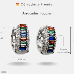 Aretes Huggies platedos para todos los días en acero inoxidable con cristales colores, Tamaño 1.40 x 0.50 cms Pequeños, ligeros y con mucho estilo. Perfectos para regalar. El toque lindo de tu outfit. Aretes Huggies ideales para uso diario. Pequeños, cómodos y súper combinables