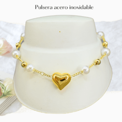 Pulsera de corazon con perlas de acero inoxidable. Pulseras de moda en brillo que dura, El accesorio perfecto para tu look diario