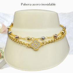 Pulsera doble dorada de moda con adornos 3 tono. Pulseras de moda en brillo que dura, El accesorio perfecto para tu look diario