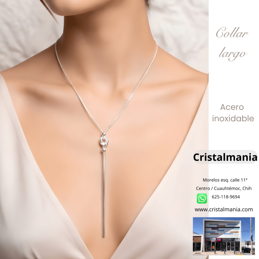 Collar largo de acero inoxidable plateado. Dale un toque moderno a tu look con collares y aretes de acero inoxidable ✨ Elegancia que no se oxida, estilo que siempre destaca 💎
