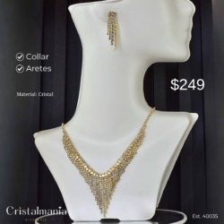 Collar y aretes dorados para vestidos cuello V con cristales tornasol “Elegancia y tendencia en cada pieza.” “Accesorios que resaltan tu personalidad.” Collares para mujer, collares elegantes para vestidos de noche, collares modernos para fiestas, joyería para fiestas