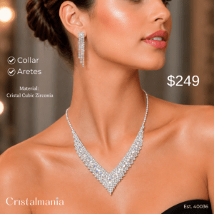 Collar y aretes plateados para vestidos cuello V con cristales