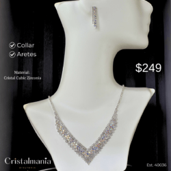 Collar y aretes plateados para vestidos cuello V con cristales