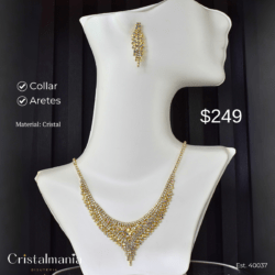 Collar y aretes dorados para vestidos cuello V con cristales tornasol “Elegancia y tendencia en cada pieza.” “Accesorios que resaltan tu personalidad.” Collares para mujer, collares elegantes para vestidos de noche, collares modernos para fiestas, joyería para fiestas