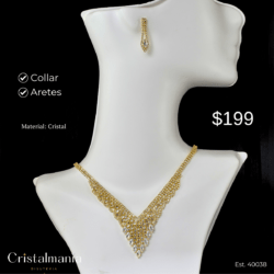 Collar y aretes dorados para vestidos cuello V con cristales tornasol “Elegancia y tendencia en cada pieza.” “Accesorios que resaltan tu personalidad.” Collares para mujer, collares elegantes para vestidos de noche, collares modernos para fiestas, joyería para fiestas