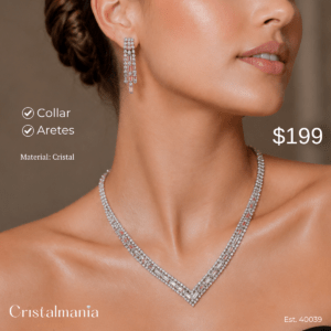 Collar y aretes plateados para vestidos cuello V con cristales