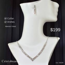 Collar y aretes plateados para vestidos cuello V con cristales