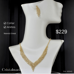 Collar y aretes dorados para vestidos cuello V con cristales tornasol “Elegancia y tendencia en cada pieza.” “Accesorios que resaltan tu personalidad.” Collares para mujer, collares elegantes para vestidos de noche, collares modernos para fiestas, joyería para fiestas