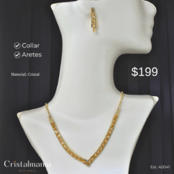 Collar y aretes dorados para vestidos cuello V con cristales tornasol “Elegancia y tendencia en cada pieza.” “Accesorios que resaltan tu personalidad.” Collares para mujer, collares elegantes para vestidos de noche, collares modernos para fiestas, joyería para fiestas