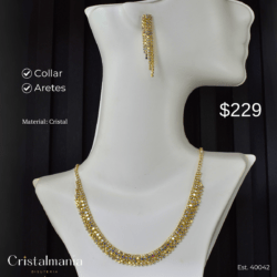 Collar y aretes dorado con cristales tornasol para vestidos de noche “Elegancia y tendencia en cada pieza.” “Accesorios que resaltan tu personalidad.” Collares para mujer, collares elegantes para vestidos de noche, collares modernos para fiestas, joyería para fiestas