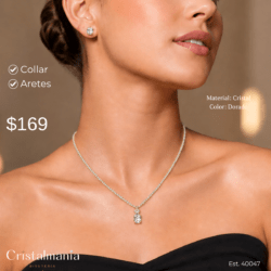 Collar y aretes dorados exquisitos con cristales para vestidos de noche “Elegancia y tendencia en cada pieza.” “Accesorios que resaltan tu personalidad.” Collares para mujer, collares elegantes para vestidos de noche, collares modernos para fiestas, joyería para fiestas