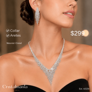 Collar y aretes plateados con cristales para vestidos de noche “Elegancia y tendencia en cada pieza.” “Accesorios que resaltan tu personalidad.” Collares para mujer, collares elegantes para vestidos de noche, collares modernos para fiestas, joyería para fiestas