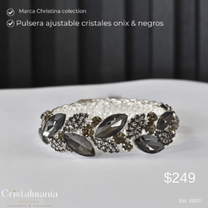 Pulsera ajustable plateada con cristales onix y negros para fiestas marca Christina Collection 

"Completa tu vestido de noche con una pulsera de cristal que robe miradas. Diseños elegantes, brillo excepcional y detalles que harán que luzcas espectacular. ¡Haz tu pedido hoy y brilla como nunca!" 💖✨