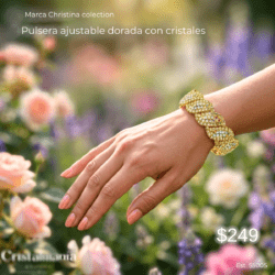 Pulsera ajustable dorada con cristales dorados y tornasol marca Christina collection "Cada pulsera de cristal está diseñada para acompañarte en esos momentos que merecen ser recordados. Brilla con confianza, luce espectacular y convierte cada ocasión especial en un recuerdo inolvidable."