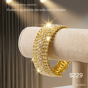 Pulsera ajustable dorada con cristales para fiestas de gala marca Christina collection

""Nuestras pulseras de cristal están creadas para aportar un toque de lujo y distinción a tu look. Su brillo delicado complementa perfectamente vestidos de noche, haciendo que cada movimiento refleje elegancia y glamour."
