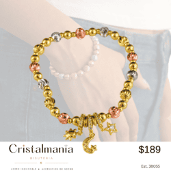 Pulsera elástica dorada con dijes estrella, sol y luna  "Pulseras que realzan tu estilo."  "Diseños modernos, elegantes y perfectos para cualquier ocasión." 