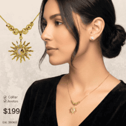 Juego de aretes con collar doble dorado con perlas y dije sol con cristales Los pequeños detalles hacen la gran diferencia. Descubre accesorios que realzan tu estilo y compra el tuyo hoy.