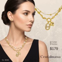Juego de aretes con collar doble dorado con dije de corazón. ✨ Los pequeños detalles hacen la gran diferencia. Descubre accesorios que realzan tu estilo y compra el tuyo hoy.