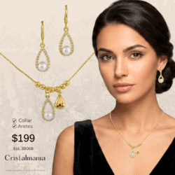 Juego de aretes con collar dorado con dijes de perlas y cristales. Los pequeños detalles hacen la gran diferencia. Descubre accesorios que realzan tu estilo y compra el tuyo hoy.