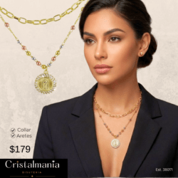 Juego de aretes con collar doble religioso dorado dije de la Virgen de Guadalupe. ✨ Los pequeños detalles hacen la gran diferencia. Descubre accesorios que realzan tu estilo y compra el tuyo hoy.