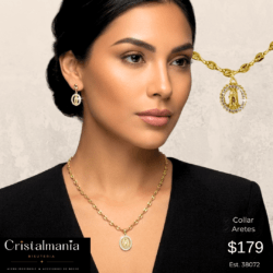 Juego de aretes con collar doble religioso dorado dije de la Virgen de Guadalupe. ✨ Los pequeños detalles hacen la gran diferencia. Descubre accesorios que realzan tu estilo y compra el tuyo hoy.
