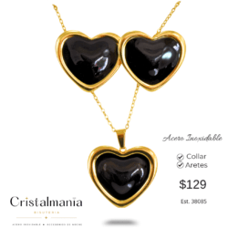 Collar y aretes de acero inoxidable en forma de corazon tamaño grande en color negro. Dale un toque especial a tu look Collares y aretes para mujer en acero inoxidable, elegantes, modernos y perfectos para cualquier ocasión. ¡Elige tus favoritos y luce increíble todos los días!