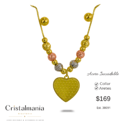 Collar con dije de corazón y adornos 3 tonos con aretes acero inoxidable Dale un toque especial a tu look Collares y aretes para mujer en acero inoxidable, elegantes, modernos y perfectos para cualquier ocasión. ¡Elige tus favoritos y luce increíble todos los días!