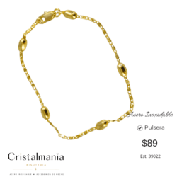 Pulsera dorada de acero inoxidable Elegancia que llevas contigo Dale un toque especial a tu look con nuestra hermosa pulsera para mujer de acero inoxidable. Resistente, moderna y perfecta para lucir todos los días. ¡Un pequeño detalle que hace una gran diferencia!