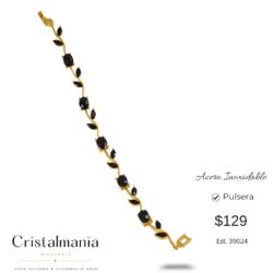 Pulsera de acero inoxidable dorada con cristales color negros ""Nuestras pulseras de cristal están creadas para aportar un toque de lujo y distinción a tu look. Su brillo delicado complementa perfectamente vestidos de noche, haciendo que cada movimiento refleje elegancia y glamour."