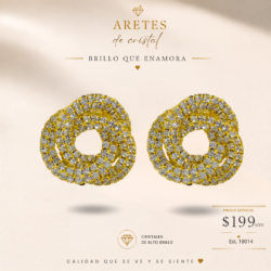Aretes de noche dorados pegados a la oreja con cristales (pendientes de botón). Ideales para eventos nocturnos sin usar aretes largos o pesados. “Un toque de brillo cambia todo. ”