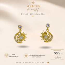 Aretes chicos para mujer de oro laminado con cristales cubic zirconia. Ideales para lucir hermosa en cualquier ocasión. Elegancia + brillo en un solo accesorio. ¡Pide los tuyos!