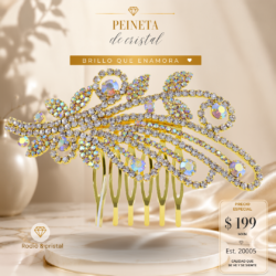 Peineta dorada con cristales blancos y tornasol para hermosos peinados. Elegancia que se nota. Úsalos hoy y roba miradas.