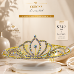 Corona de cristal dorada con cristales tornasol para novias, 15 años. Elegancia que se nota. Úsalos hoy y roba miradas.