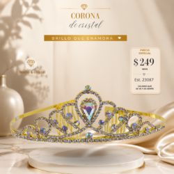 Corona de cristal dorada con cristales tornasol para novias, 15 años. Elegancia que se nota. Úsalos hoy y roba miradas.
