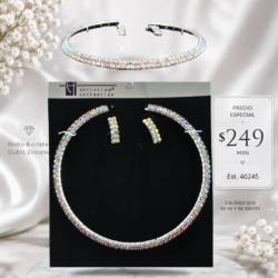 Collar gargantilla y aretes de noche plateados con cristales tornasol   DESTACA CON ELEGANCIA . ¿Lista para brillar? Descubre nuestros accesorios de noche.