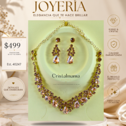 Collar y aretes de noche dorado con cristales color cafe El accesorio que estabas buscando para esa noche especial. NOCHE DE GLAMOUR